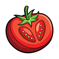 Freshly sliced cartoon tomato with seeds and stem isolated on transparent background