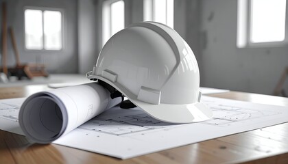 Construction helmet resting on blueprints in a bright, unfinished room with natural light streaming in