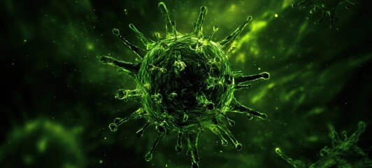 The Virus Particle in a Glowing Green Microscopic 3D Illustration of Infection