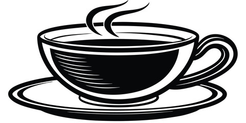 A classic and elegant black and white vector illustration depicting a steaming cup of hot coffee or tea, perfect for cafe menus, beverage designs, or cozy drink concepts