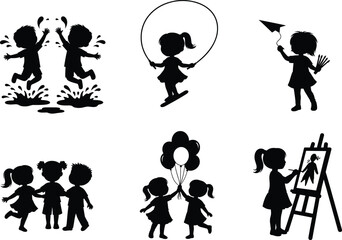 Children activity silhouette set, black vector icons of kids painting, skipping rope, splashing, dancing, walking, and imaginative play