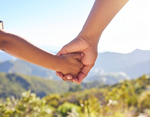 A parent's gentle hand guides a child's in a tender moment, symbolizing love, protection, and the beauty of shared journeys amidst a serene landscape