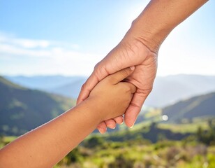 Parent and child holding hands in nature, a tender moment of connection, trust, and care for the future generation on a bright day