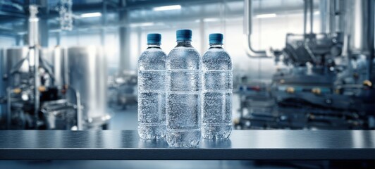 The Water Bottles on Stainless Steel Conveyor in a Modern Bottling Factory Production Line