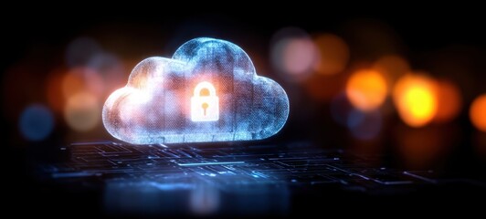The Cloud with Glowing Lock Hologram Representing Secure Digital Data and Cybersecurity