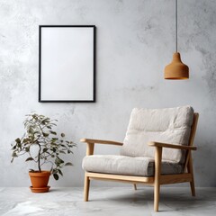 Minimalist interior with a comfortable armchair, blank frame, and plant.