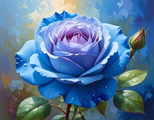 A vibrant, blue rose with a lavender center and dew drops against a blurred, colorful backdrop