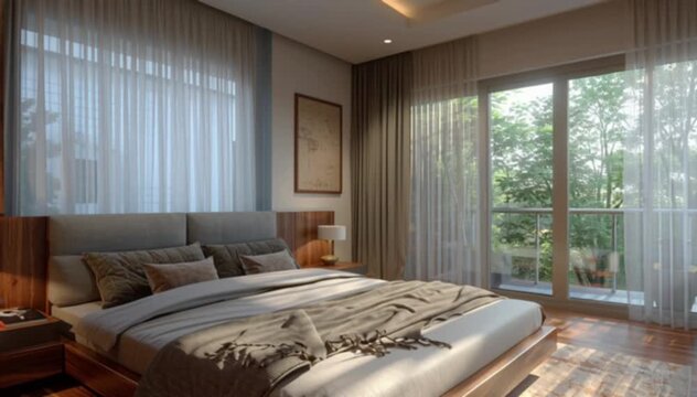 Modern bedroom interior with sleek furniture, wooden floor, large bed, wall-mounted bedside tables, and soft natural lighting in an Indian minimalist home