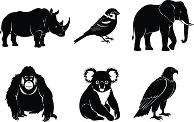 Wild animal silhouette set, black vector icons of rhinoceros, sparrow, elephant, gorilla, koala, and eagle for nature themes