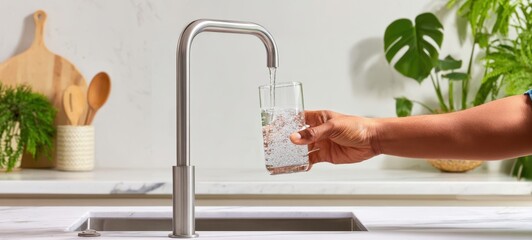 The Glass Being Filled Under a Modern Kitchen Faucet With Clear Water