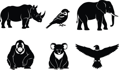 Wild animal silhouette set, black vector icons of rhinoceros, sparrow, elephant, gorilla, koala, and eagle for nature and jungle themes