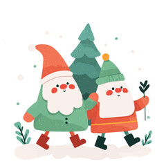 Cute Christmas mascot illustration with santa and christmas tree