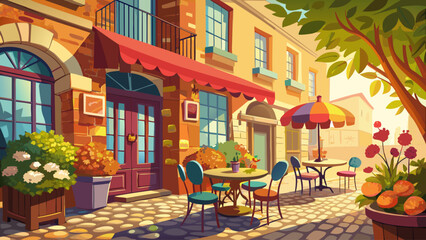Fototapeta premium Vector of an old café on a cobblestone street, chairs outside, flowers by window, warm afternoon sunlight, nostalgic atmosphere