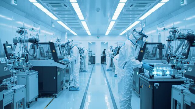 A wide, static video looking down a sterile white cleanroom corridor with engineers in hazmat suits operating futuristic semiconductor machinery, highlighting high-tech manufacturing precision