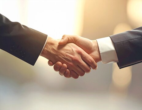 Two professionals in formal business suits shaking hands, a symbolic gesture of a successful agreement, partnership, and deal