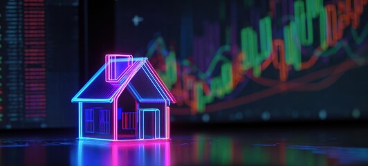 The House Neon Model Illuminated Against Financial Charts Representing Real Estate Investment Trends