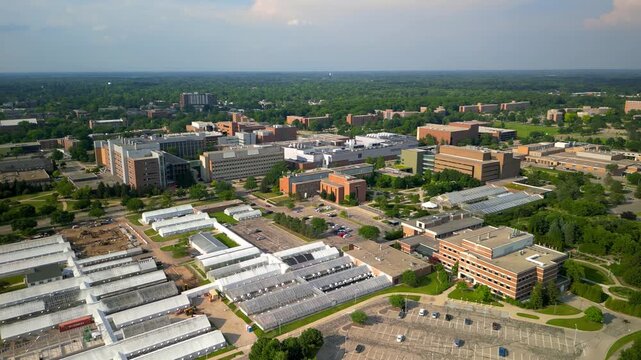 Aerial view of sprawling Michigan State University (MSU) campus in East Lansing, top Agricultural science universities in the USA.