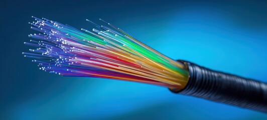 The Fiber Optic Cable with Glowing Multicolored Strands Emitting Light on Blue Background
