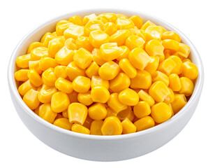 Golden Sweet Corn Kernels in White Bowl Isolated on Transparent Background PNG