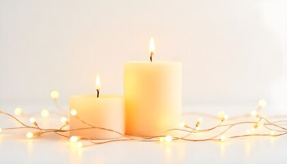 Two glowing candles with warm golden light and delicate decorative string, creating a soft, peaceful, and elegant atmosphere.