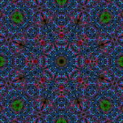 An intricate and colorful kaleidoscope pattern featuring a symmetrical design.