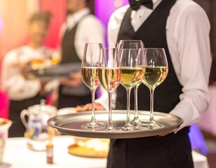 Waiter serving drinks at a festive event, with blurred guests enjoying the celebration in the background