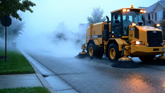 Street Sweeper Truck Cleaning Road in Residential Neighborhood