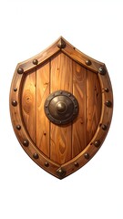 Fototapeta premium A detailed wooden shield with metal accents, symbolizing protection and strength, on a white background