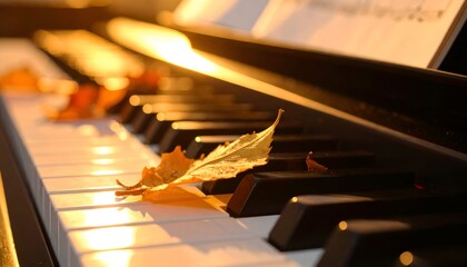 Close-up of piano keys adorned with autumn leaves, illuminated by warm sunlight in a serene setting