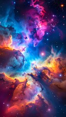 Vibrant cosmic nebula with swirling colors and bright stars, showcasing the beauty of the universe