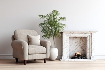 Comfortable armchair sits beside a marble fireplace with a lit fire.