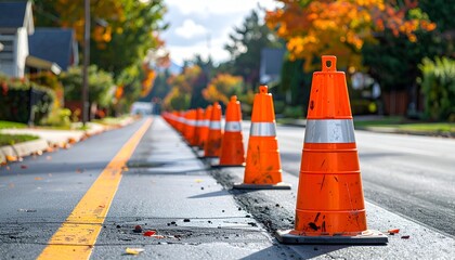 Bright orange traffic cones line a suburban street, signaling road work amidst colorful autumn foliage