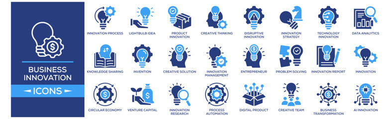 Business Innovation icon set. Containing design Innovation Process, Lightbulb Idea, Product Innovation, Creative Thinking, Data Analytics. Solid icon collection.