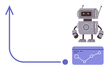 Robot beside data chart with rising arrow symbolizing analysis, progress, innovation, growth, and automation. Ideal for technology, AI, data progress research future strategy. Simple flat