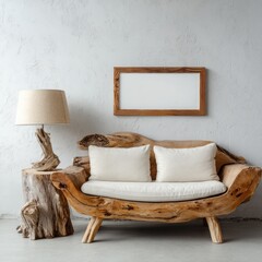 Rustic wood sofa with cushions and a lamp sits near a framed artwork.