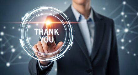 Businessman touching a thank you message on a futuristic interface with a glowing light effect and network background