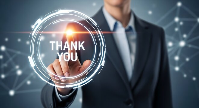 Businessman touching a thank you message on a futuristic interface with a glowing light effect and network background