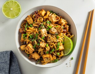 Delicious Tofu Noodle Bowl with Lime Garnish Close Up