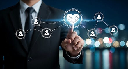 A businessman is touching a heart icon in a social network, representing love and care in business