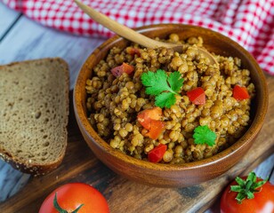 Hearty and nutritious brown lentil stew with fresh tomatoes and rustic bread, served in a wooden bowl on a cutting board, perfect for a healthy vegan or vegetarian meal