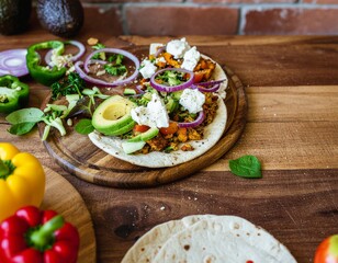 Delicious homemade tacos being prepared with fresh avocado, colorful bell peppers, and crumbled white cheese on a rustic wooden cutting board