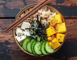Healthy Vegan Poke Bowl with Tofu, Mango, Cucumber, and Seaweed with Chopsticks