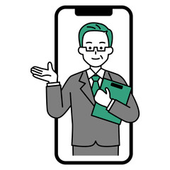スマホでオンラインカウンセリングをするベテランのカウンセラーの男性