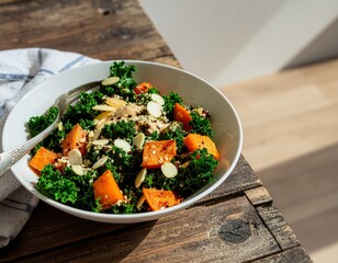 Colorful Kale and Butternut Squash Salad on Rustic Wooden Table