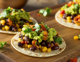Delicious and vibrant vegetarian soft tacos, generously piled with creamy guacamole, savory black beans, and sweet corn, garnished with fresh cilantro on a wooden board