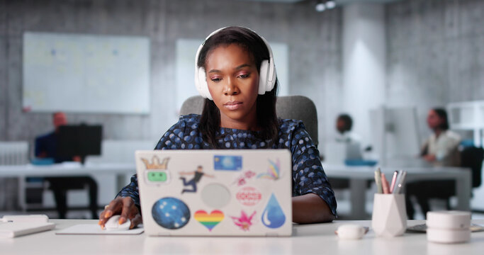 Fototapeta Proud African American Woman Attending Online Webinar