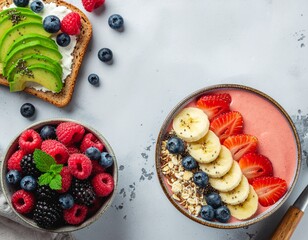 Healthy Breakfast Vibrant Berry Bowl, Avocado Toast, and Colorful Fruit Arrangement