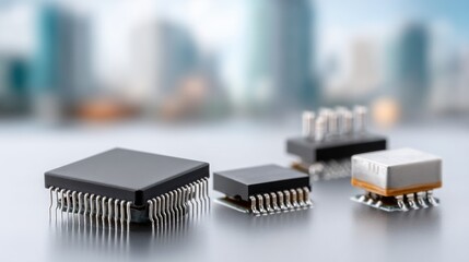 Close Up Macro Shot of Electronic Components and Integrated Circuits with City Skyline Background Macro Photography of Microchips and Wiring in Macro Detail