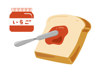 食パンにいちごジャムを塗っているイラスト
