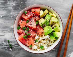 Delicious Poke Bowl with Fresh Tuna, Avocado, and Sesame Seeds